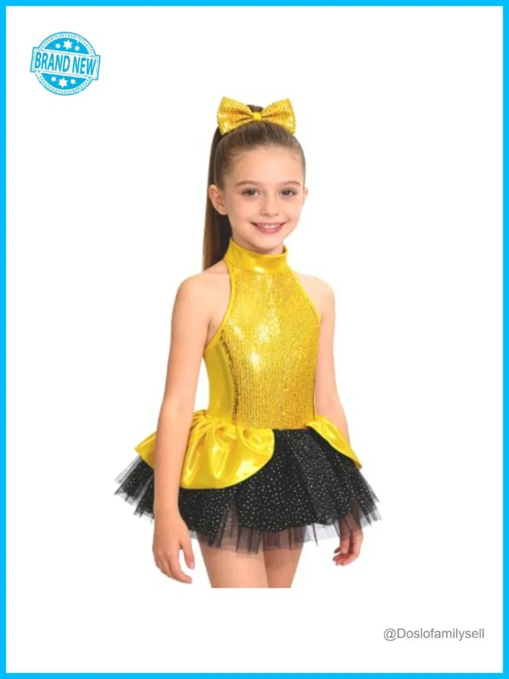 Girls Sequin Dance Tutu Dress Halter Neck Performance Outfit with Hair Clip